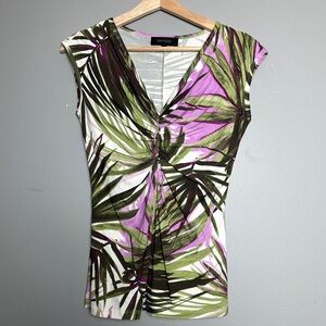 Karen Kane Green and Purple Tropical Palm Print Sleeveless Blouse